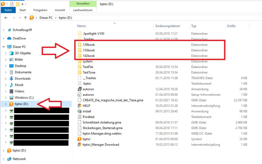 Darstellung der Exploreransicht des tiptoi Laufwerks