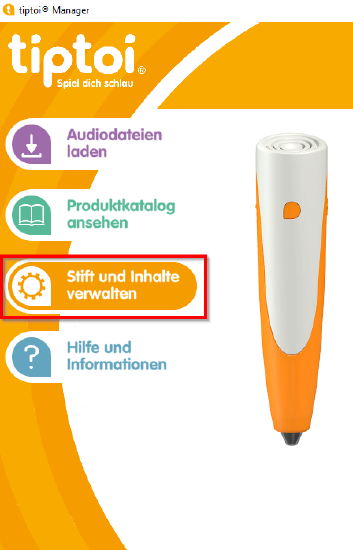 Ansicht der Menüfunktion Stifte und Inhalte verwalten in der Manager App