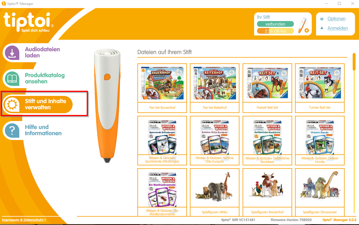 Ansicht der Startseite tiptoi Manager App
