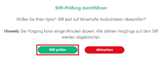 Ansicht der Menüfunktion Stiftprüfung in der Manager App