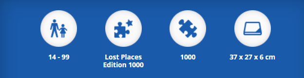 Abbildung der Verpackungsgröße , Altersempfehlung (14 - 99 Jahre) und Teileanzahl (1000 Teile) für Lost Places Puzzle.