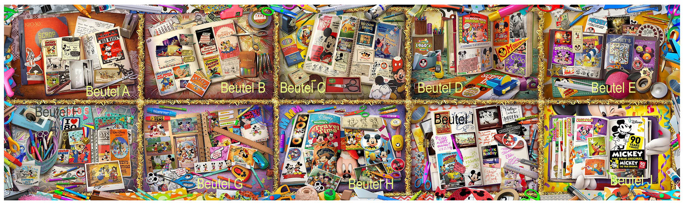 Bildliche Darstellung der Aufteilung der Beutel des Puzzle: Mickey&rsquo;s 90. Geburtstag. Artikelnummer 178285.