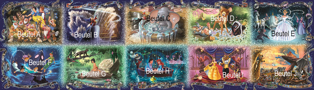 Bildliche &Uuml;bersicht der Aufteilung der Beutel vom Puzzle: Unvergessliche Disney Momente. Artikelnummer 178261.&nbsp;&nbsp;