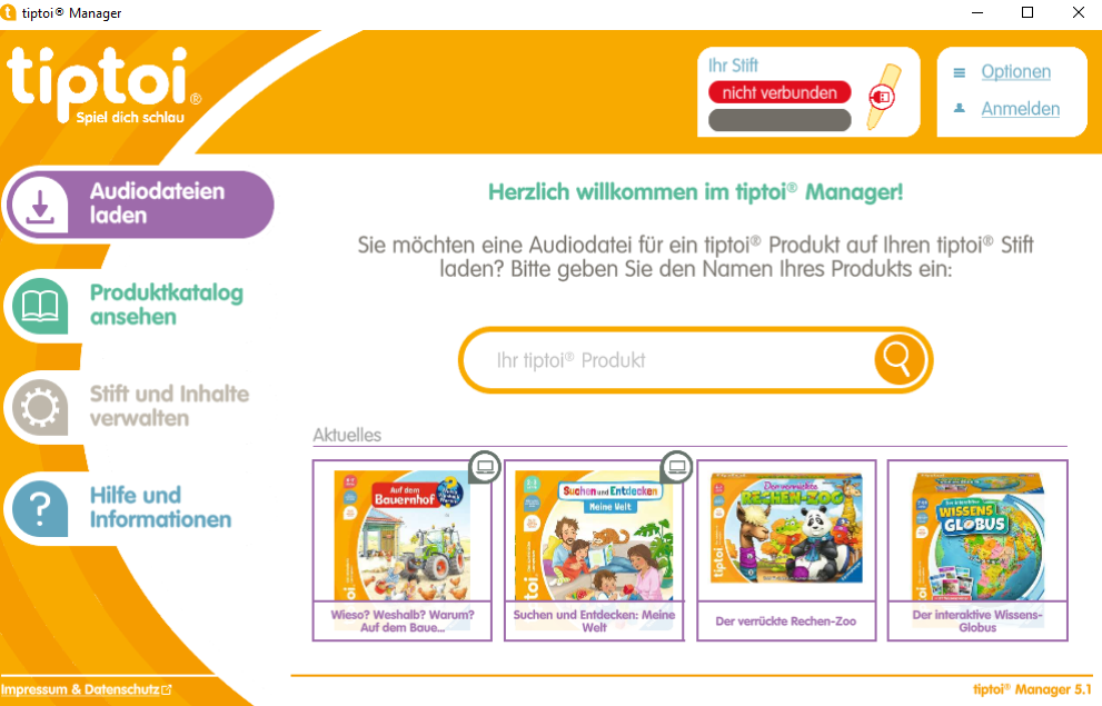 Abbildung der Startseite der tiptoi Manager App