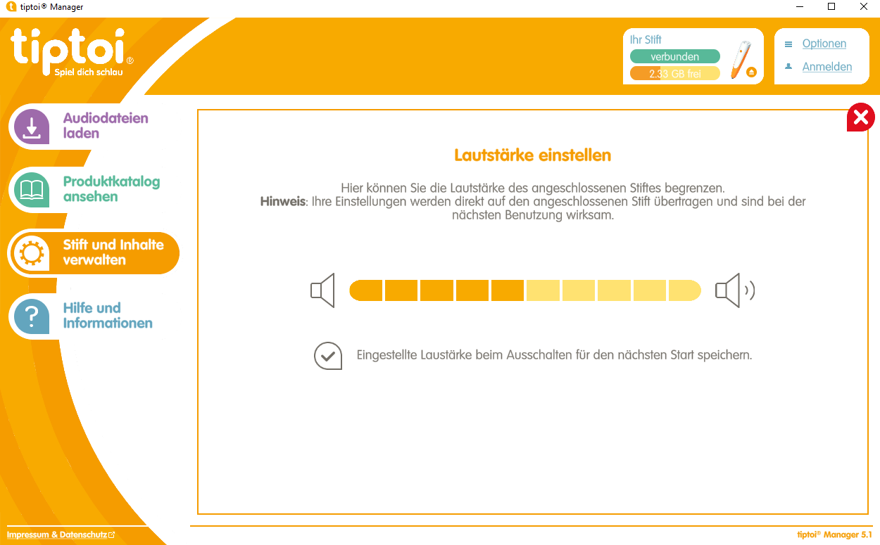 Ansicht der Lautstärkeeinstellungsfunktion in der tiptoi Manager App.