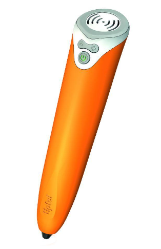 Abbildung des tiptoi Stiftes der ersten Generation mit orangener Hülle und weißem Anschaltknopf.