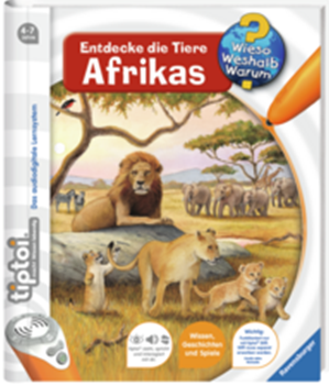 Produktbild des tiptoi Buches Wieso? Weshalb? Warum? Entdecke die Tiere Afrikas. Artikelnummer 32909. Bitte hier klicken für den Audiodatei-Download.