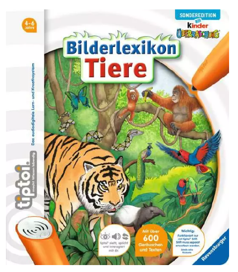 Produktbild des tiptoi Buches Bilderlexikon Tiere - Sonderedition kinder Überraschung und Happy-Meal-Edition mit der Artikelnummer 63389. Bitte hier klicken für den Audiodatei-Download