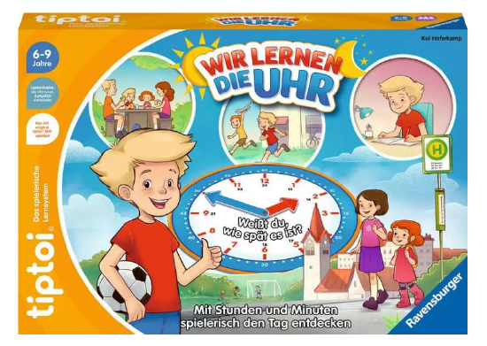 Produktbild des tiptoi Spiels - Wir lernen die Uhr. Artikelnummer 00126. Bitte hier klicken für den Audiodatei-Download.