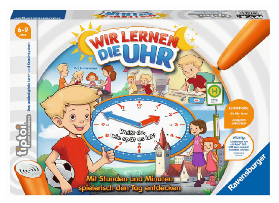 Produktbild des tiptoi Spiels - Wir lernen die Uhr. Artikelnummer 00847. Bitte hier klicken für den Audiodatei-Download.