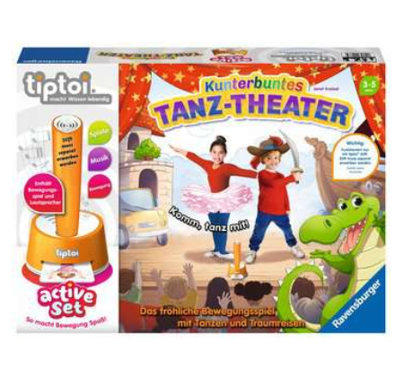 Produktbild des tiptoi ACTIVE Set: Kunterbuntes Tanz-Theater. Artikelnummern 00073 und 00077. Bitte hier klicken für den Audiodatei-Download.