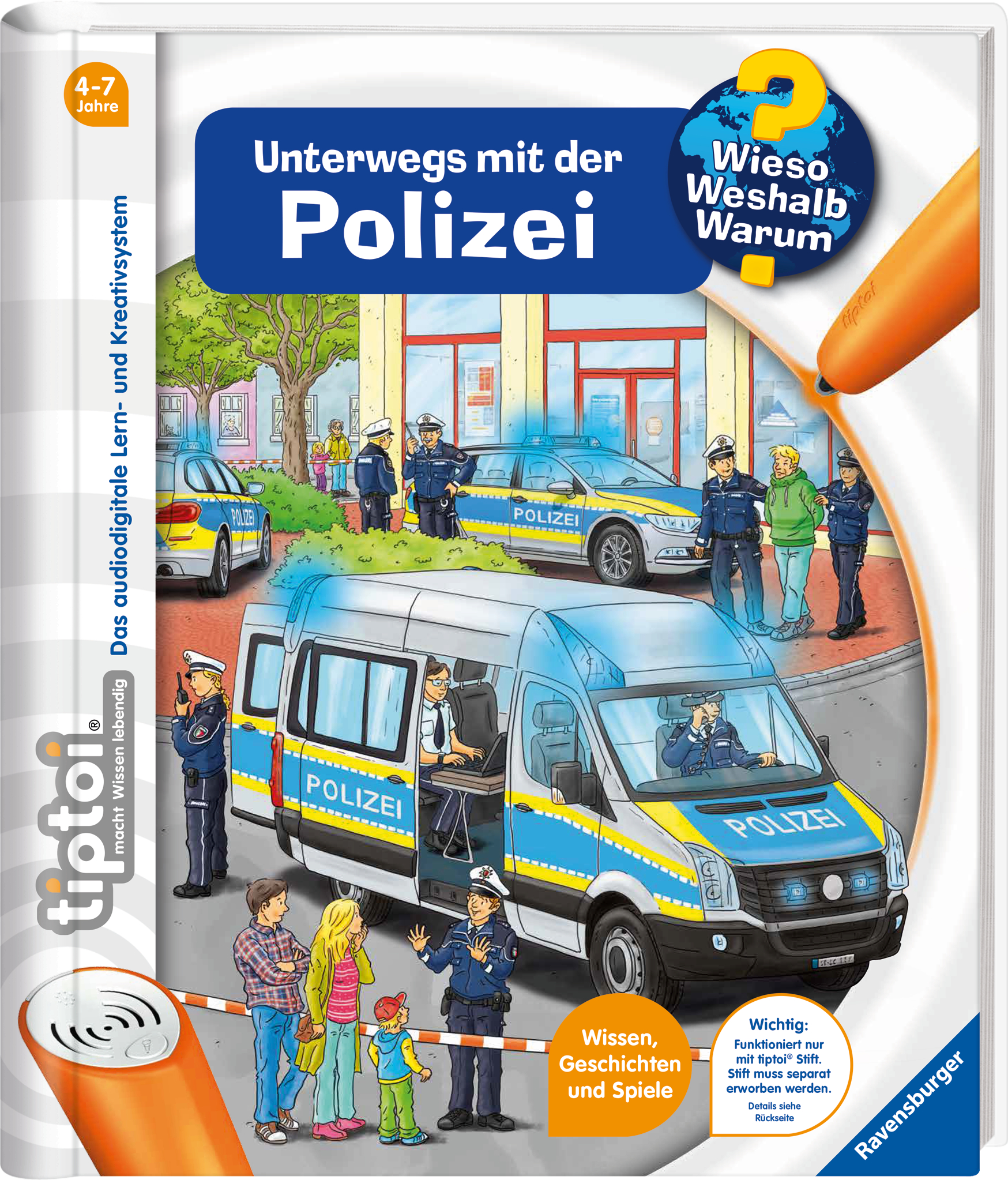 Produktbild des tiptoi Buches Wieso? Weshalb? Warum? Unterwegs mit der Polizei. Artikelnummer 32922. . Bitte hier klicken für den Audiodatei-Download