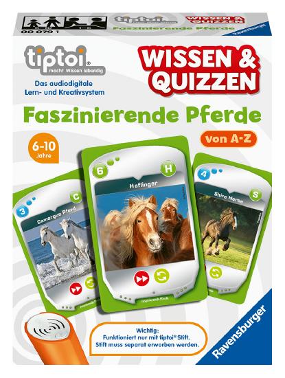 Produktbild des tiptoi Spiels - Wissen und Quizzen: Faszinierende Pferde. Artikelnummer 00079. Bitte hier klicken für den Audiodatei-Download.