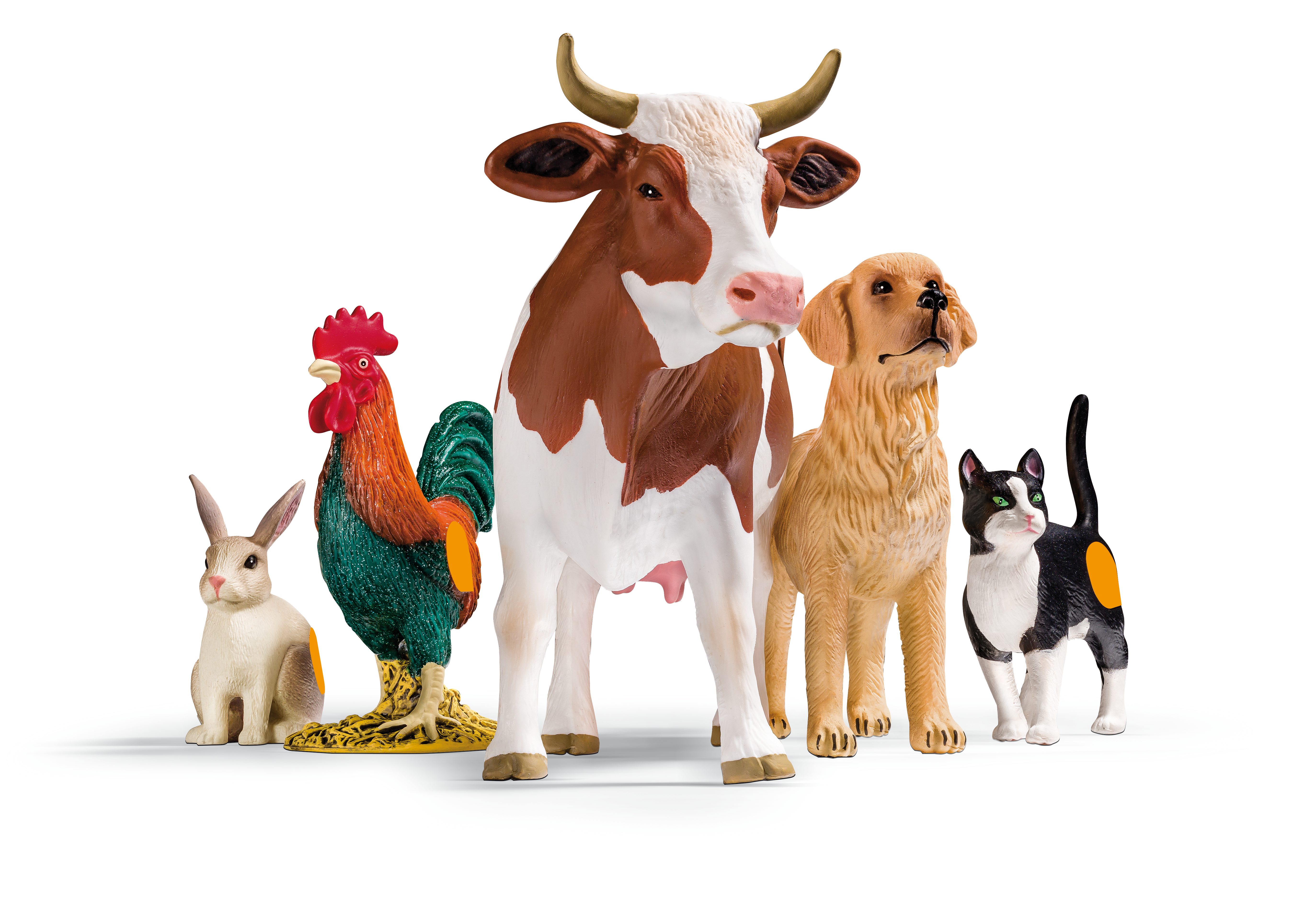 Produktbild der tiptoi Audiodatei Spielfiguren Bauernhof Artikelnummer 80140. Diese Audiodatei enthält die Spielfiguren Golden Retriever Rüde, Golden Retriever Welpe, Schaf, Lamm, Katze, Fleckvieh- Kuh, Fleckvieh- Kalb, Kaninchen, Hahn, Schwein, Ferkel, Berner Sennenhund, Berner Sennenhund Welpe, Zwergziege, Esel, Eselfohlen.