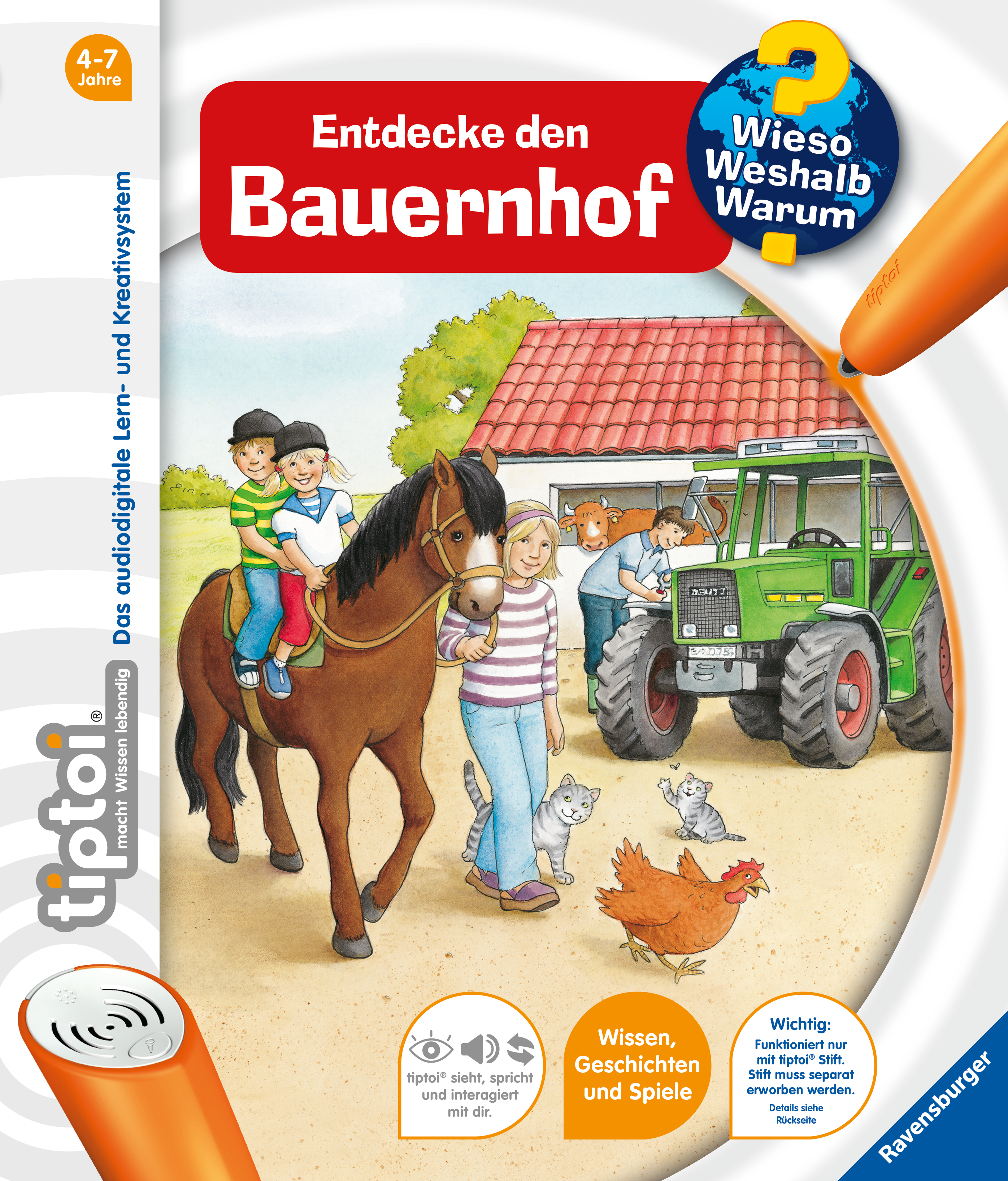 Produktbild des tiptoi Buches Wieso? Weshalb? Warum? Entdecke den Bauernhof. Artikelnummer 32900. Bitte hier klicken für den Audiodatei-Download.