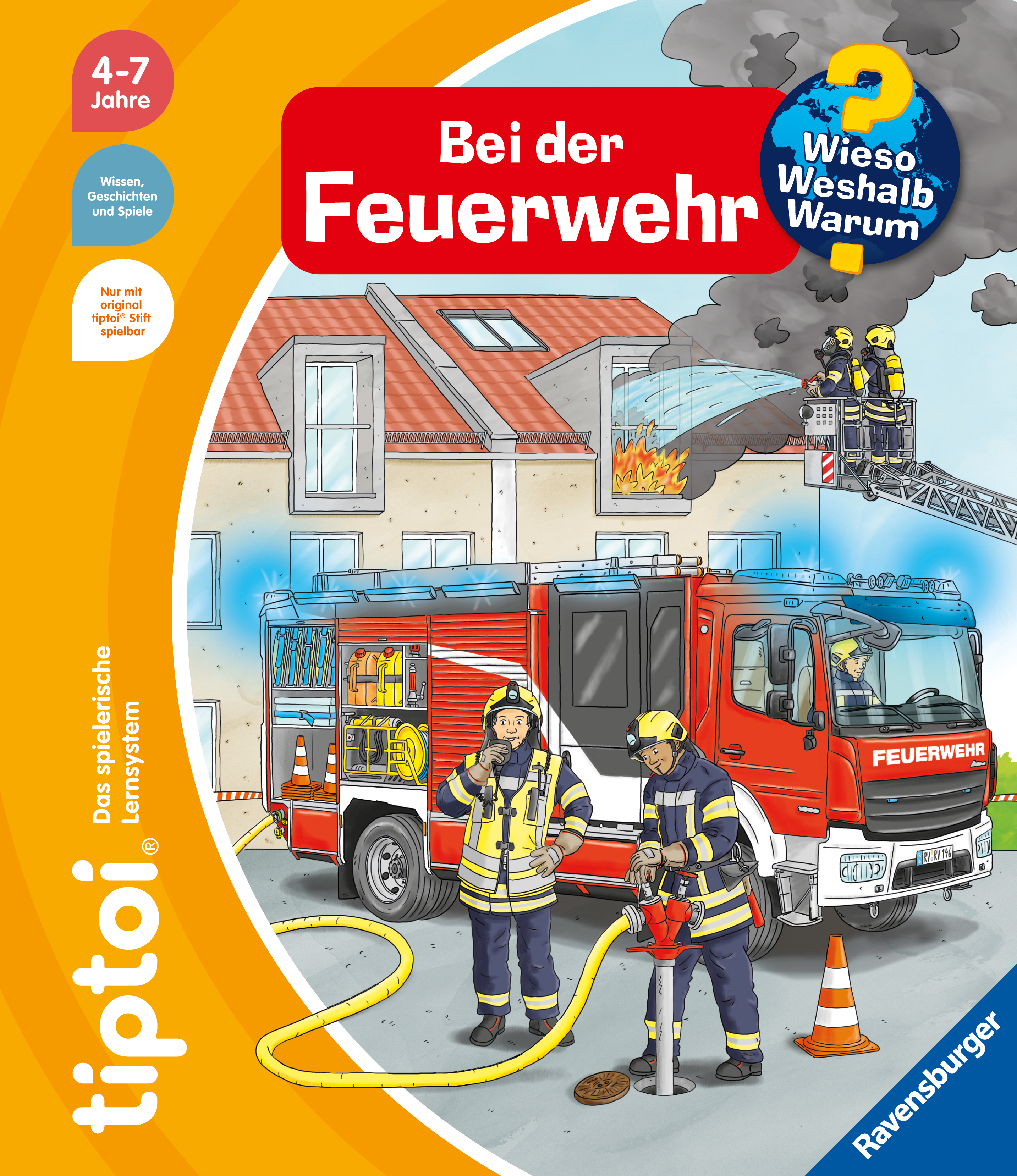 Produktbild des tiptoi Buches Wieso? Weshalb? Warum? Bei der Feuerwehr. Artikelnummer 49227. Bitte hier klicken für den Audiodatei-Download.
