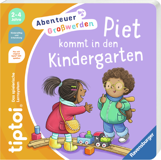 Produktbild des tiptoi Buches Abenteuer Großwerden - Piet kommt in den Kindergarten mit der Artikelnummer 49302. Bitte hier klicken für den Audiodatei-Download.
