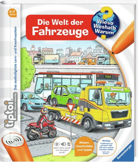 Produktbild des tiptoi Buches Wieso? Weshalb? Warum? Die Welt der Fahrzeuge. Artikelnummer 32912. Bitte hier klicken für den Audiodatei-Download.