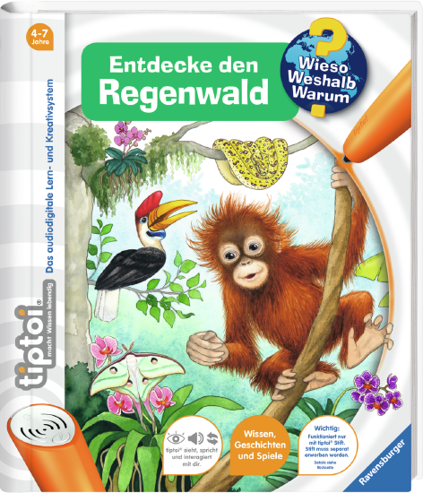 Produktbild des tiptoi Buches Wieso? Weshalb? Warum? Entdecke den Regenwald. Artikelnummer 32919. Bitte hier klicken für den Audiodatei-Download