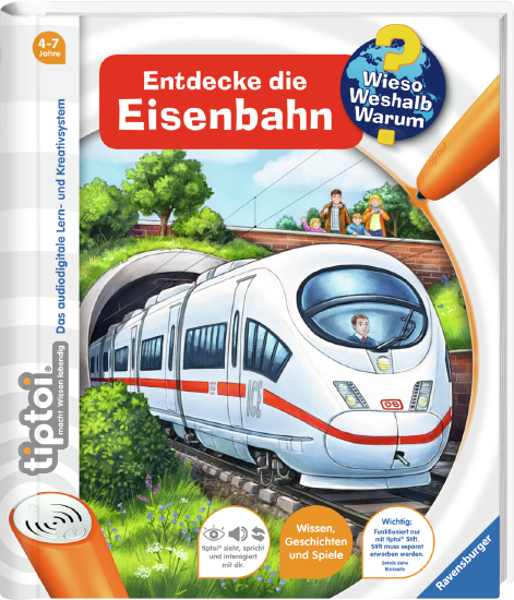 Produktbild des tiptoi Buches Wieso? Weshalb? Warum? Entdecke die Eisenbahn. Artikelnummer 32917. Bitte hier klicken für den Audiodatei-Download