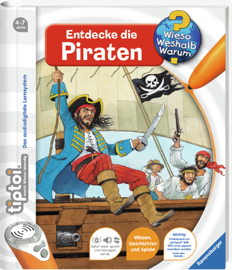 Produktbild des tiptoi Buches Wieso? Weshalb? Warum? Entdecke die Piraten. Artikelnummer 32906. Bitte hier klicken für den Audiodatei-Download