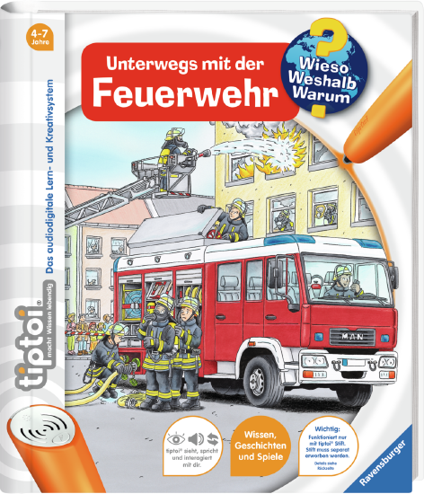 Produktbild des tiptoi Buches Unterwegs mit der Feuerwehr. Artikelnummer 32905. . Bitte hier klicken für den Audiodatei-Download