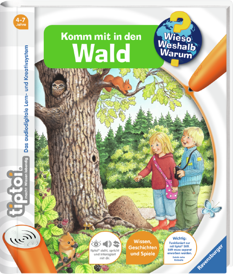 Produktbild des tiptoi Buches Wieso? Weshalb? Warum? Komm mit in den Wald. Artikelnummer 32907. Bitte hier klicken für den Audiodatei-Download.