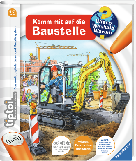 Produktbild des tiptoi Buches Wieso? Weshalb? Warum? Komm mit auf die Baustelle. Artikelnummer 32916. Bitte hier klicken für den Audiodatei-Download.