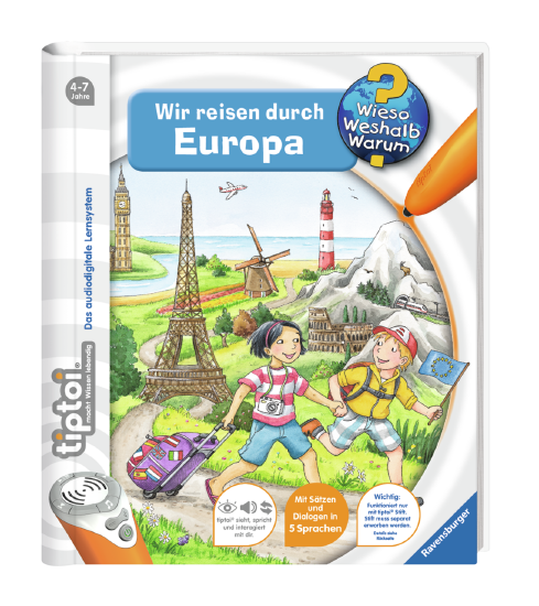 Produktbild des tiptoi Buches Wieso? Weshalb? Warum? Wir reisen durch Europa. Artikelnummer 32914. Bitte hier klicken für den Audiodatei-Download