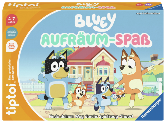 Produktbild des tiptoi Spiels: Bluey Aufräum-Spaß. Finde deinen Weg durchs Spielzeug-Chaos! Artikelnummer 00239.