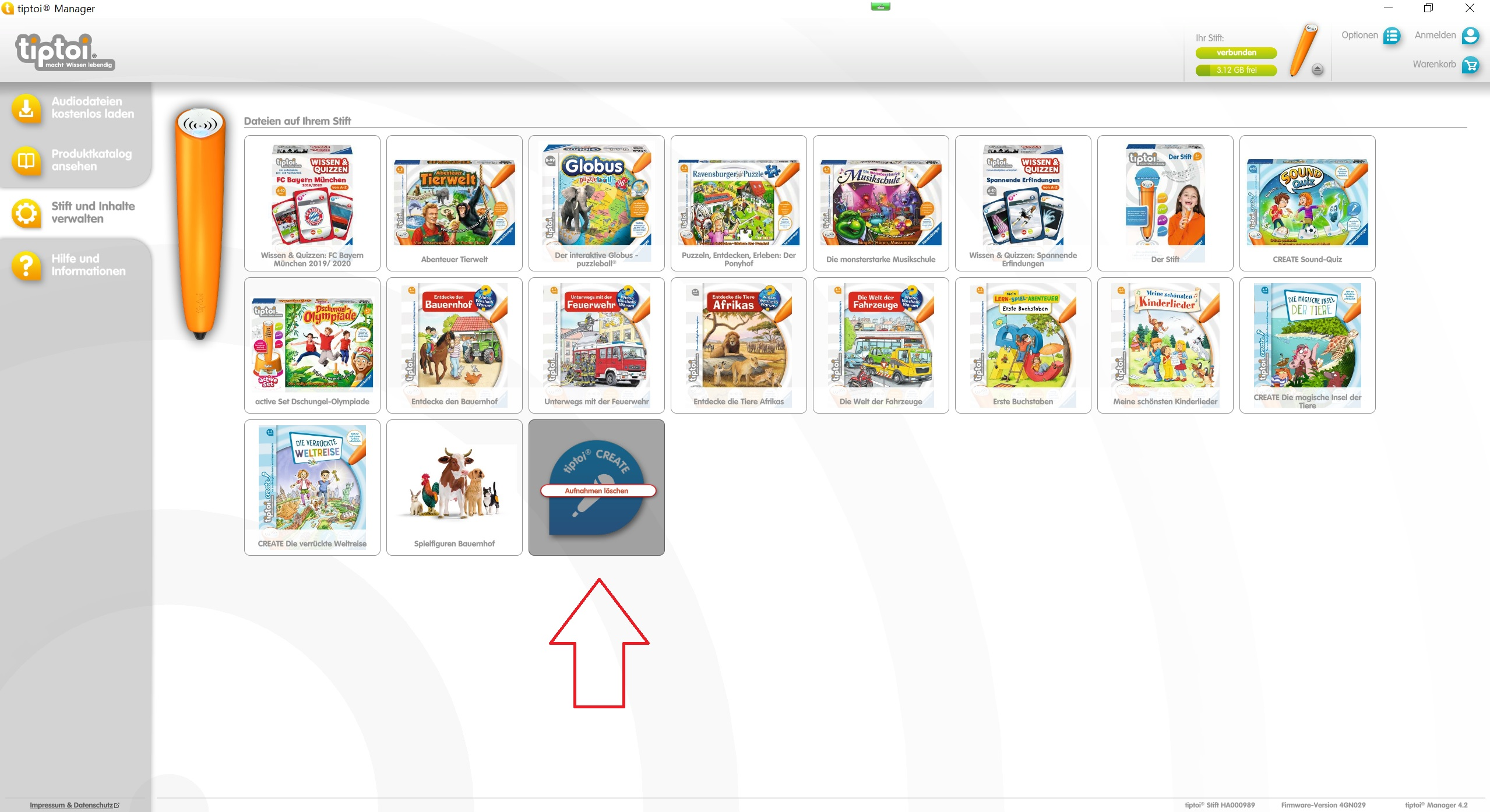 Ansicht der Seite - Stift und Inhalte verwalten - in der tiptoi Manager App.