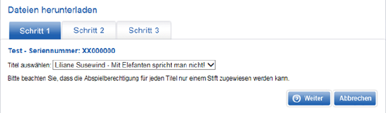 Ansicht der Kundenkontofunktion „Gekauften Titel manuell zuweisen" auf der Ravensburger Webseite . Schritt eins.