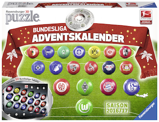 Produktbild des 3d Puzzle Bundesliga Adventskalenders: Saison 2016/2017. Artikelnummer 11696.