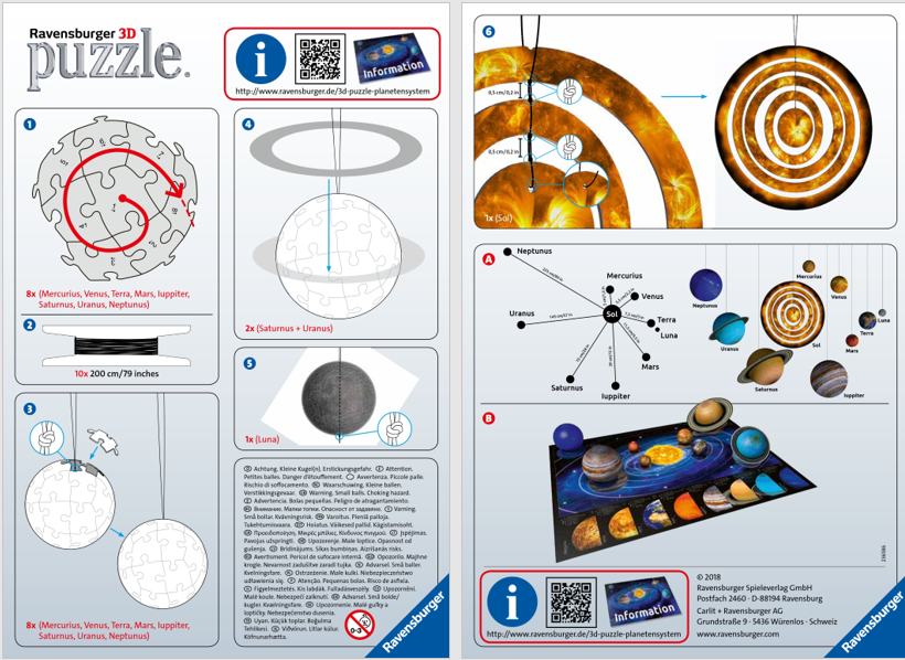 Bild der ersten zwei Seiten der Anleitung des 3D Puzzles: Planetensystem.