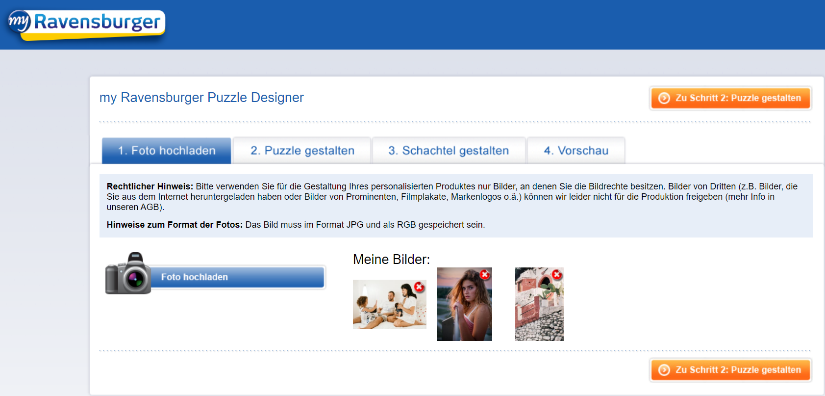 Bildschirmdarstellung des ersten Schrittes der MyRavensburger Collagenerstellung: Foto hochladen.
