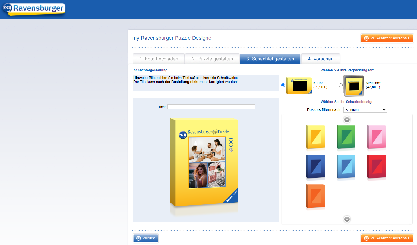 Bildschirmdarstellung des dritten Schrittes der MyRavensburger Collagenerstellung: Schachtel gestalten.