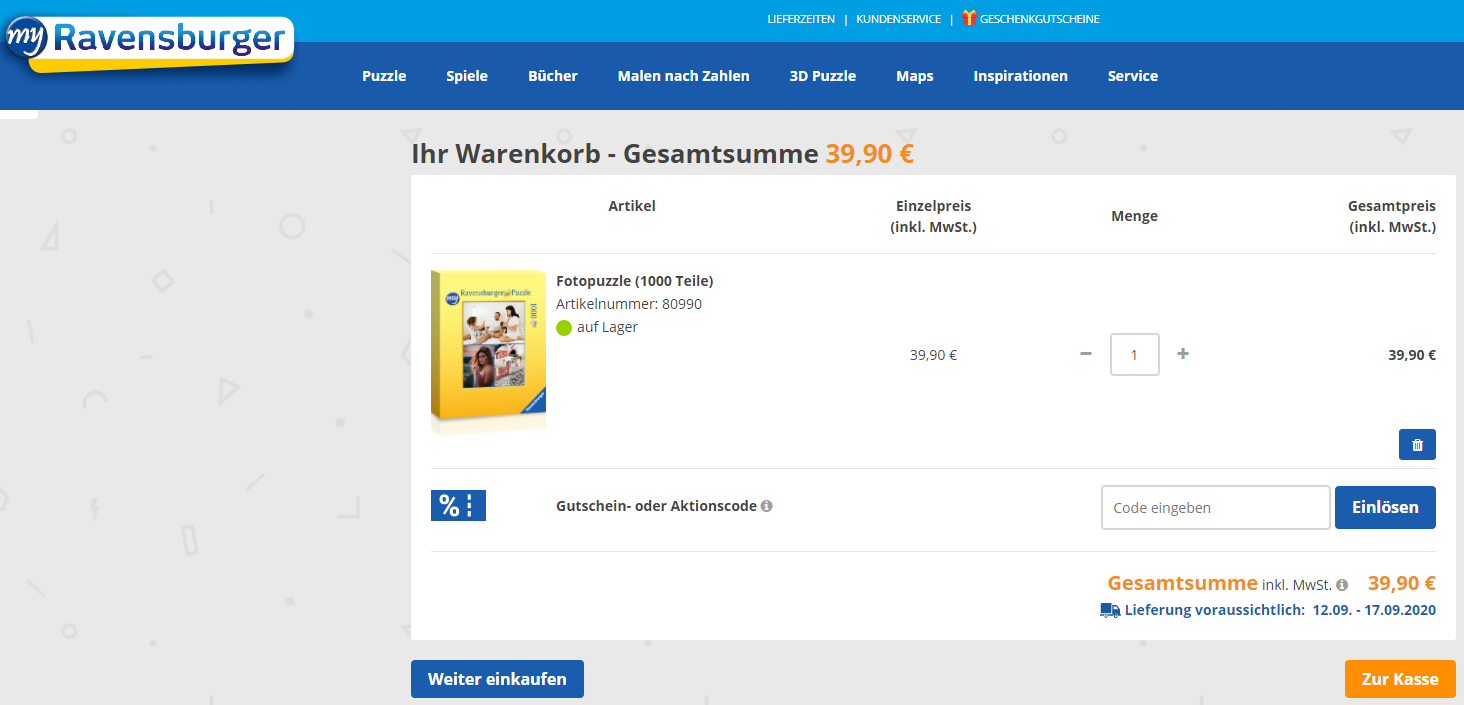 Bildschirmdarstellung des letzten Schrittes der MyRavensburger Collagenerstellung: Warenkorb - Zur Kasse.
