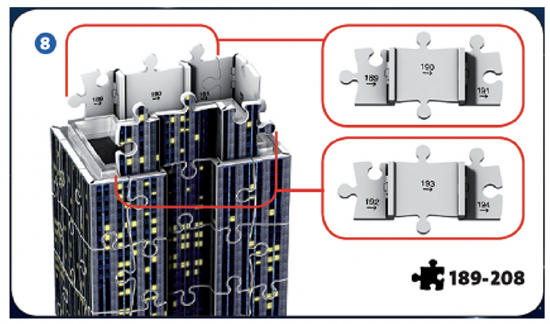 Bildliche Anleitung zum Baustand der Mittelteile bei dem 3D Puzzle: Empire State Building.